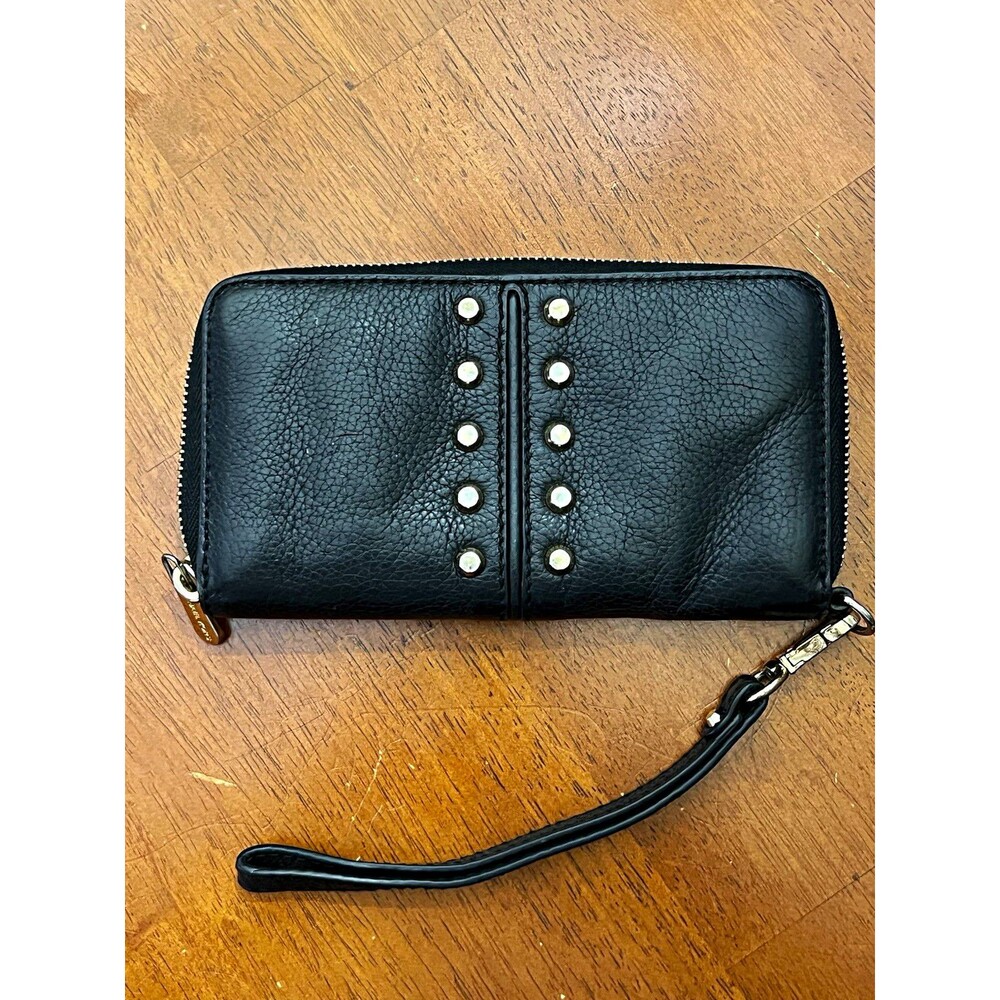 Michael Kors Black Pebbled Leather Studded Wristlet Zip Around Wallet Clutch